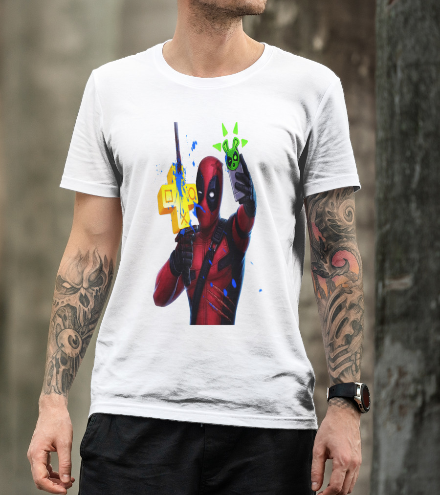 DEADPOOL VIDEOGAME GAMER SELFIE WITH ICONIC CONTROLLER AND GREEN BOMB SYMBOLS T-Shirt