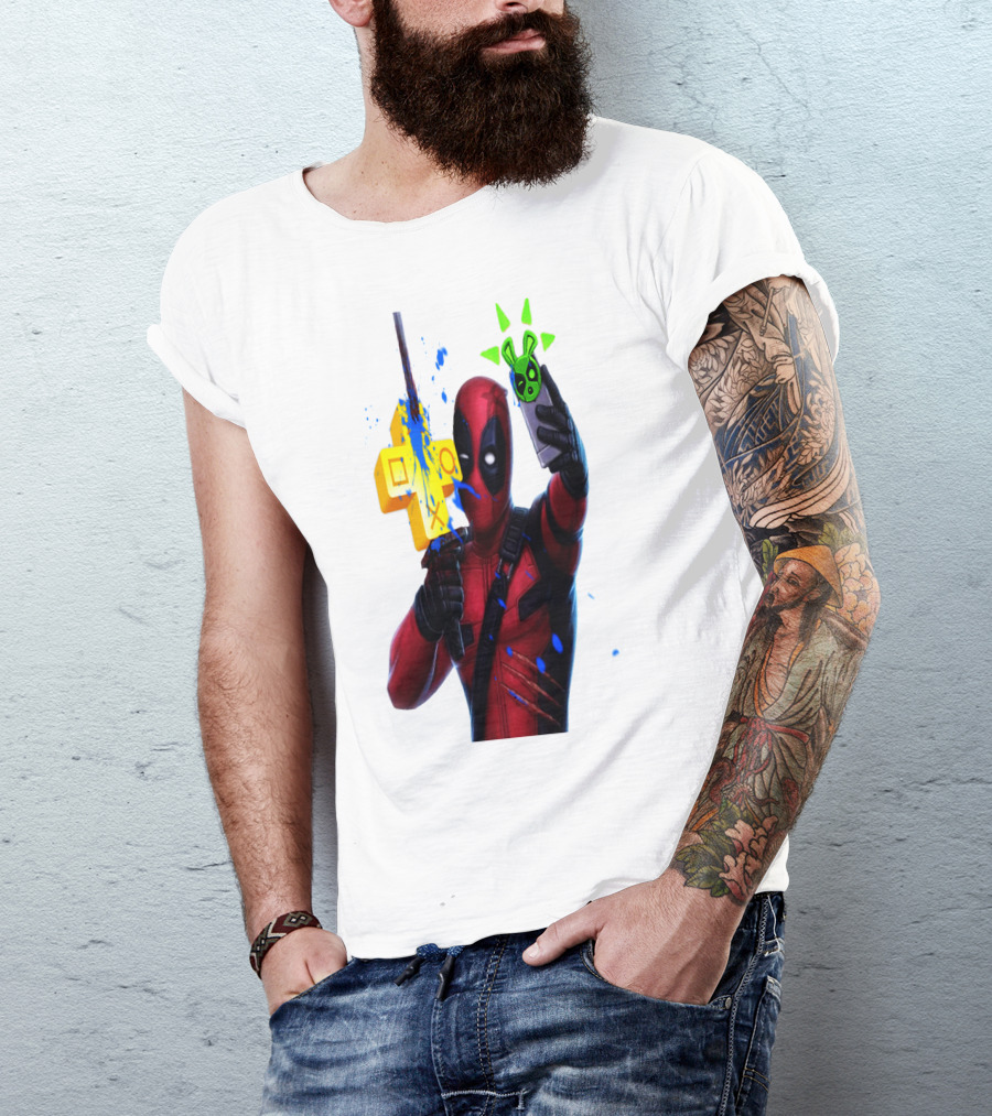 DEADPOOL VIDEOGAME GAMER SELFIE WITH ICONIC CONTROLLER AND GREEN BOMB SYMBOLS T-Shirt