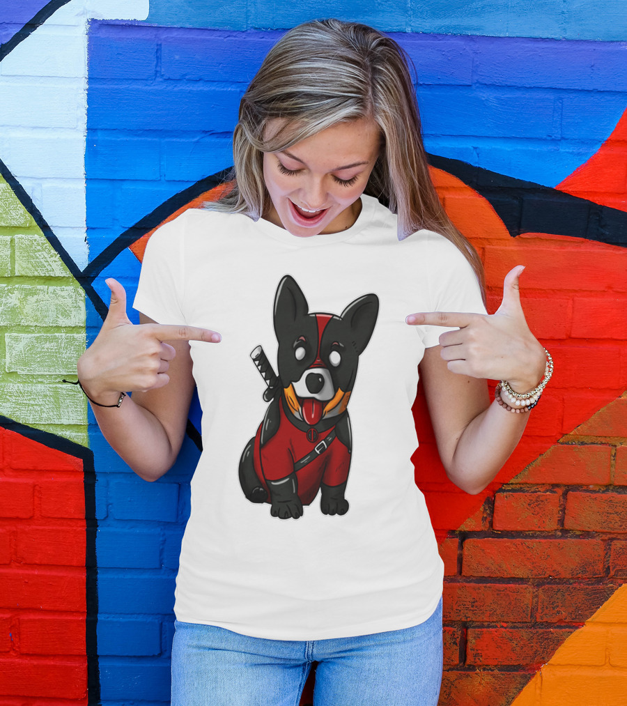 CORGIPOOL CORGI DEADPOOL MERCHANDISE RED BLACK COSTUME SWORD DOG ICONIC CHARACTER IMAGE T-Shirt