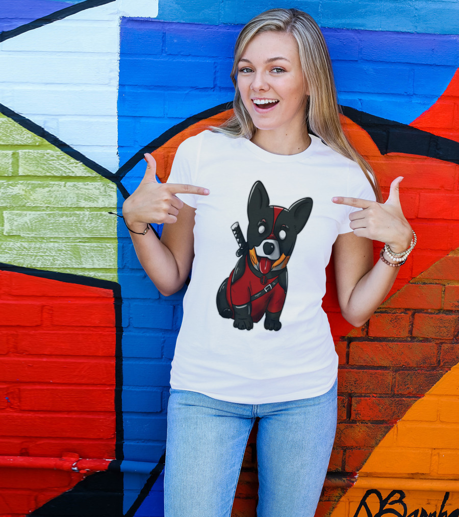 CORGIPOOL CORGI DEADPOOL MERCHANDISE RED BLACK COSTUME SWORD DOG ICONIC CHARACTER IMAGE T-Shirt