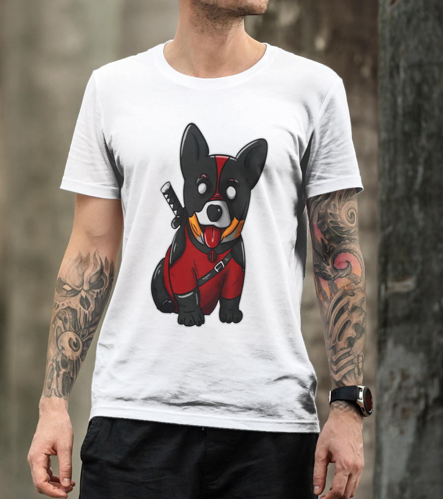 CORGIPOOL CORGI DEADPOOL MERCHANDISE RED BLACK COSTUME SWORD DOG ICONIC CHARACTER IMAGE T-Shirt