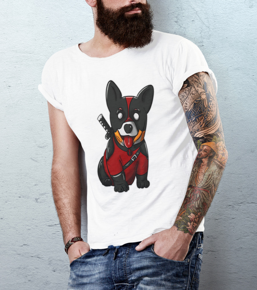 CORGIPOOL CORGI DEADPOOL MERCHANDISE RED BLACK COSTUME SWORD DOG ICONIC CHARACTER IMAGE T-Shirt