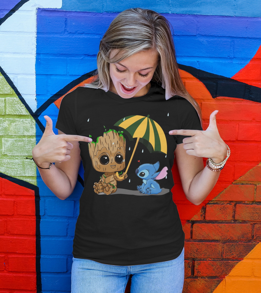 Groot And Little Stitch Friendship Under Umbrella With Raindrops And Heart T-Shirt