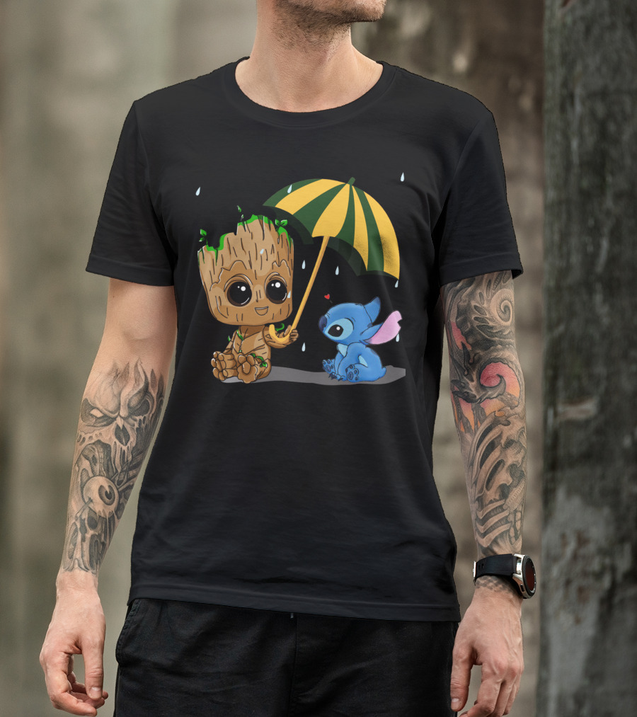 Groot And Little Stitch Friendship Under Umbrella With Raindrops And Heart T-Shirt