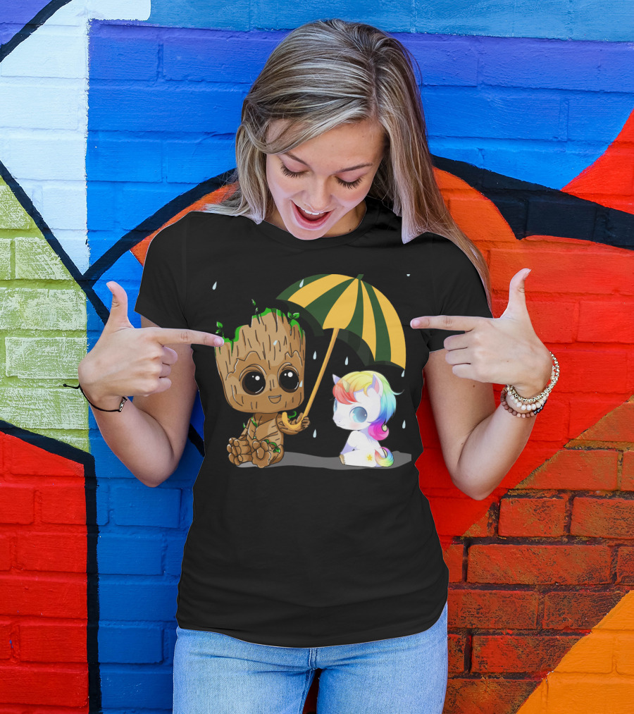 Groot Holding Umbrella Sitting With Cute Rainbow Unicorn T-Shirt