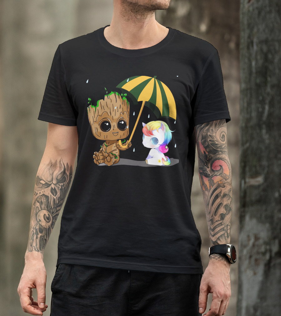 Groot Holding Umbrella Sitting With Cute Rainbow Unicorn T-Shirt
