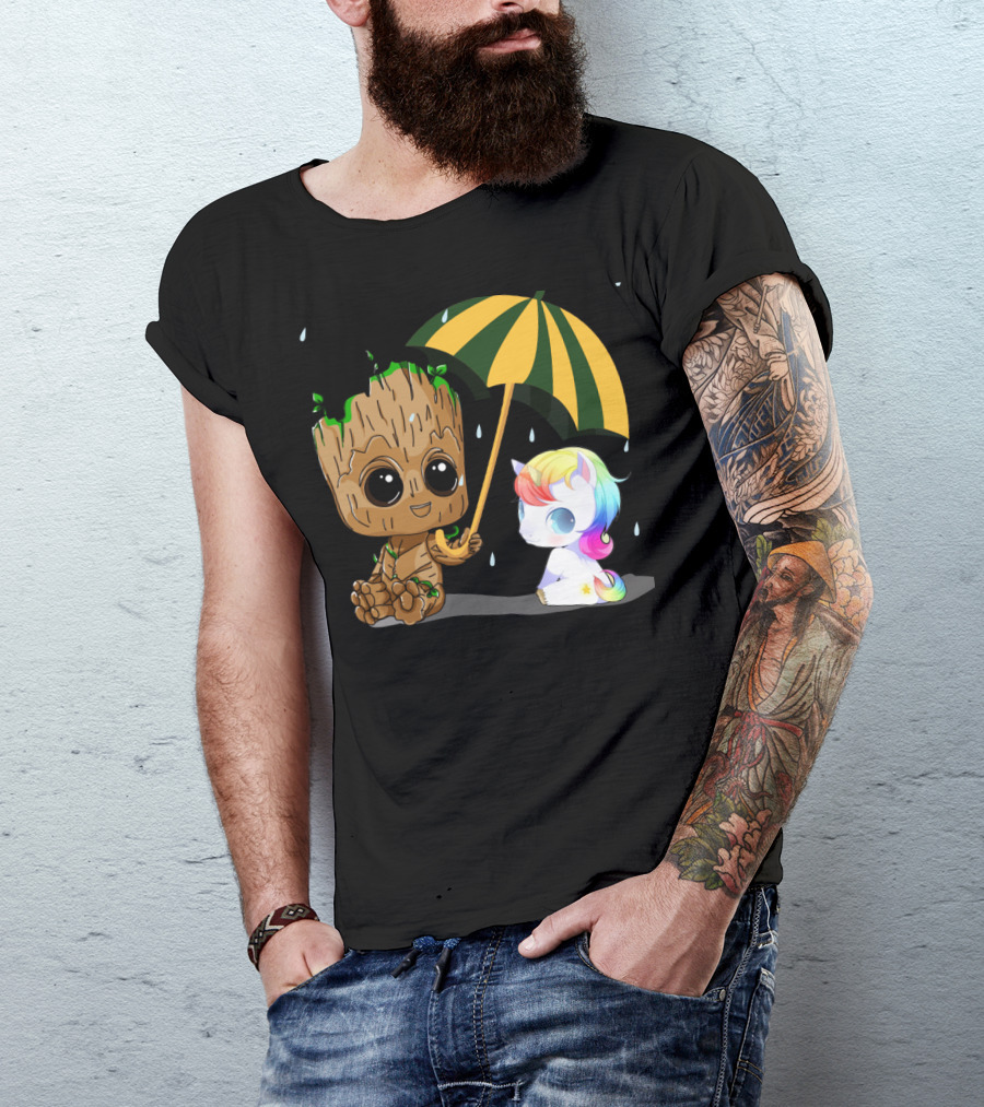 Groot Holding Umbrella Sitting With Cute Rainbow Unicorn T-Shirt