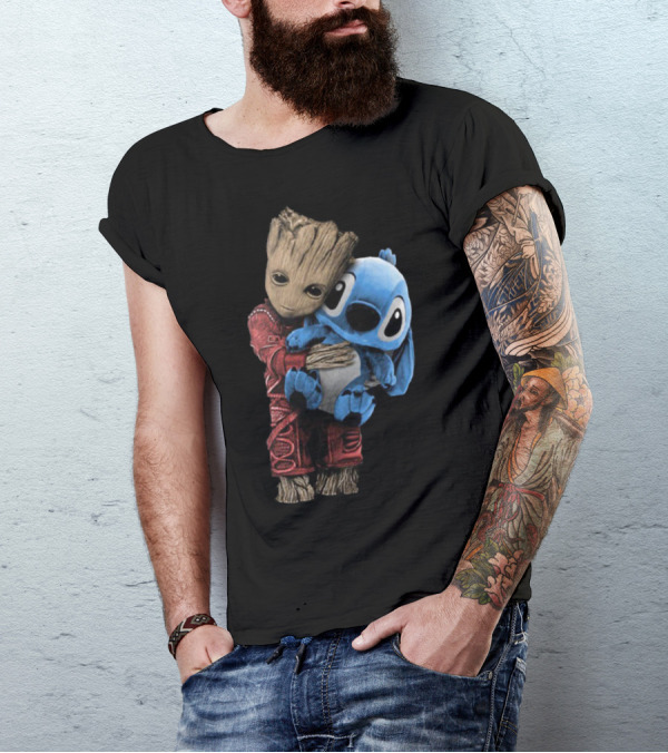Groot And Baby Stitch Hugging Compilation Disney Marvel Crossover T-Shirt