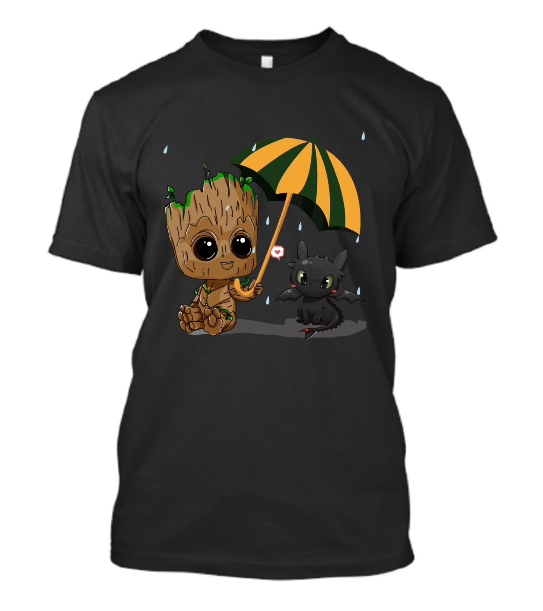 Groot And Little Hiccup Dragon Sharing Umbrella In The Rain T-Shirt