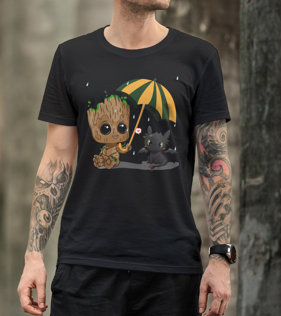 Groot And Little Hiccup Dragon Sharing Umbrella In The Rain T-Shirt