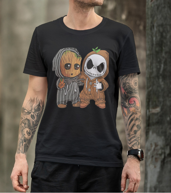 Groot In Striped Hoodie And Jack Skellington In Wood-Patterned Suit T-Shirt
