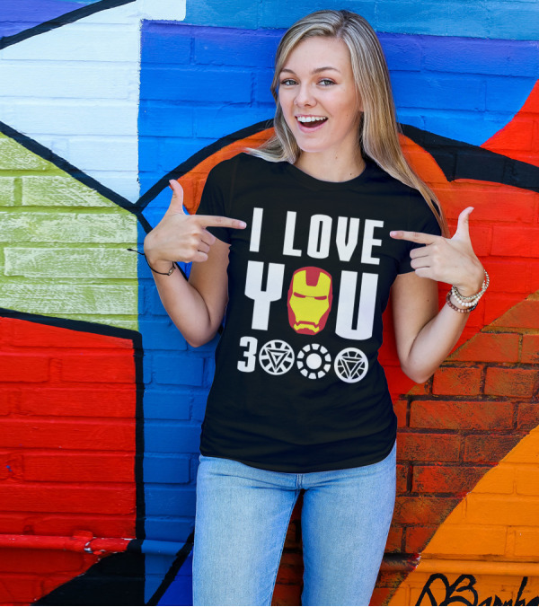 I Love You 3000 With Iron Man Mask And Arc Reactor Symbols T-Shirt