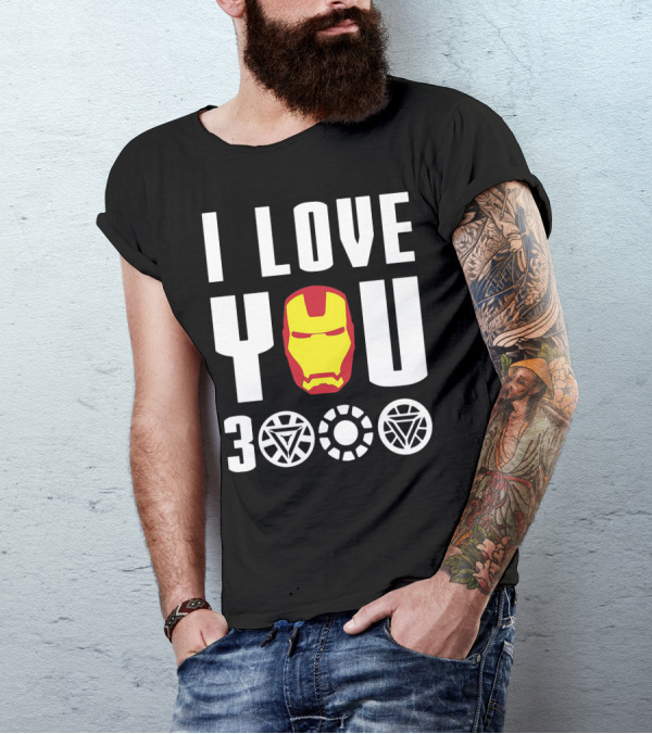 I Love You 3000 With Iron Man Mask And Arc Reactor Symbols T-Shirt