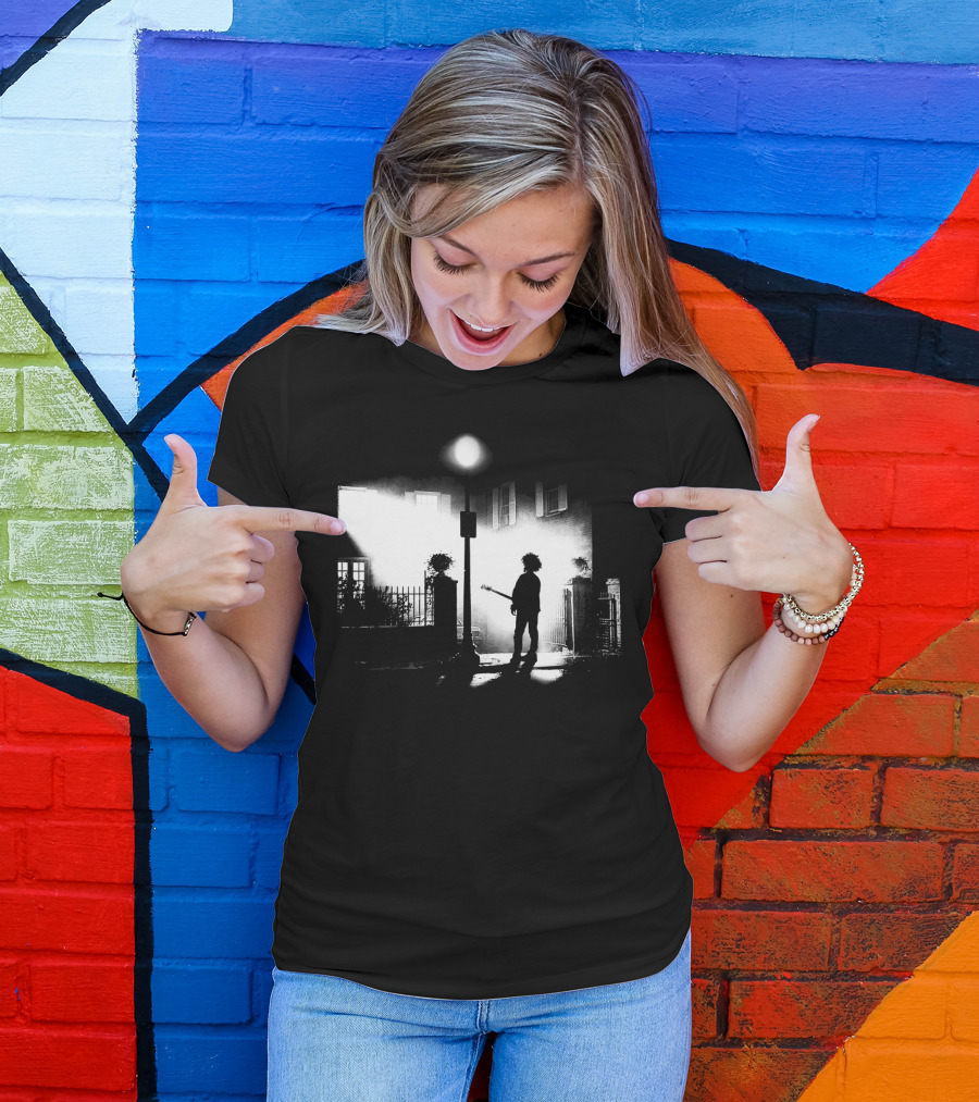 Curexorcist Gothic Silhouette Under Streetlight With Guitar In Black And White Urban Scene T-Shirt