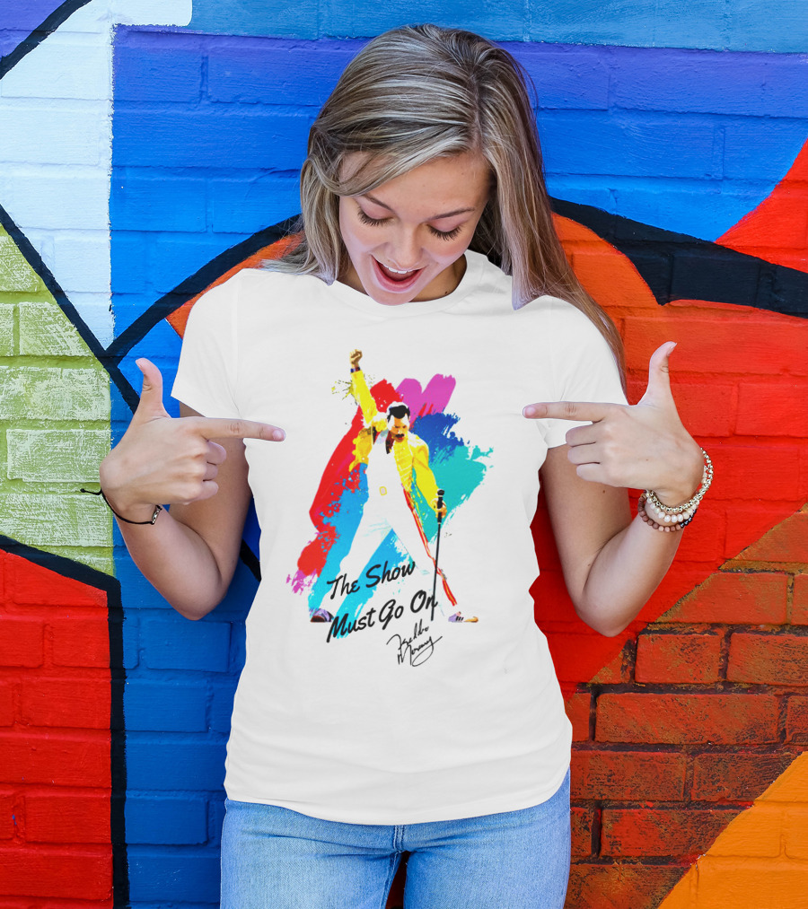 Queen The Show Must Go On Signature Artwork Colorful Freddie Mercury Image T-Shirt