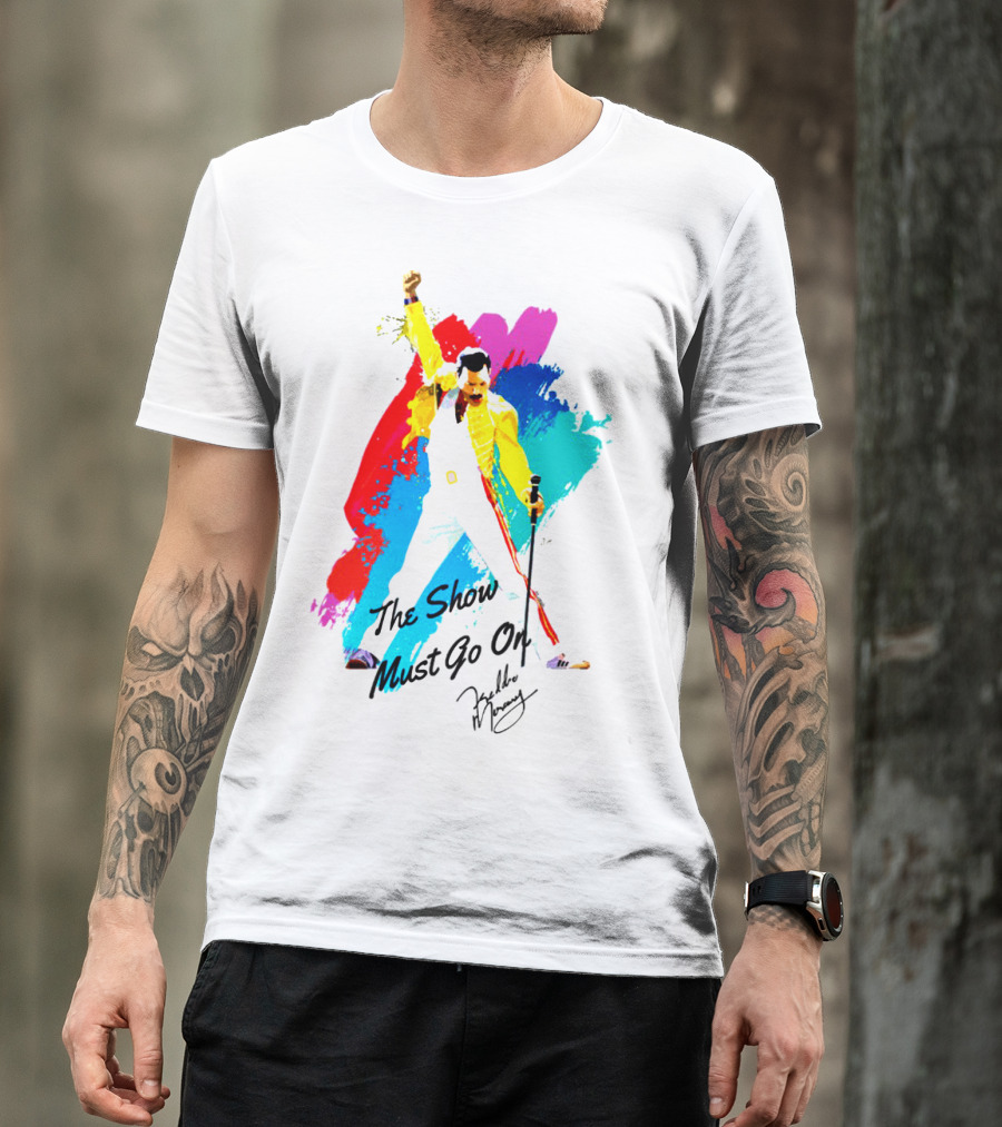 Queen The Show Must Go On Signature Artwork Colorful Freddie Mercury Image T-Shirt