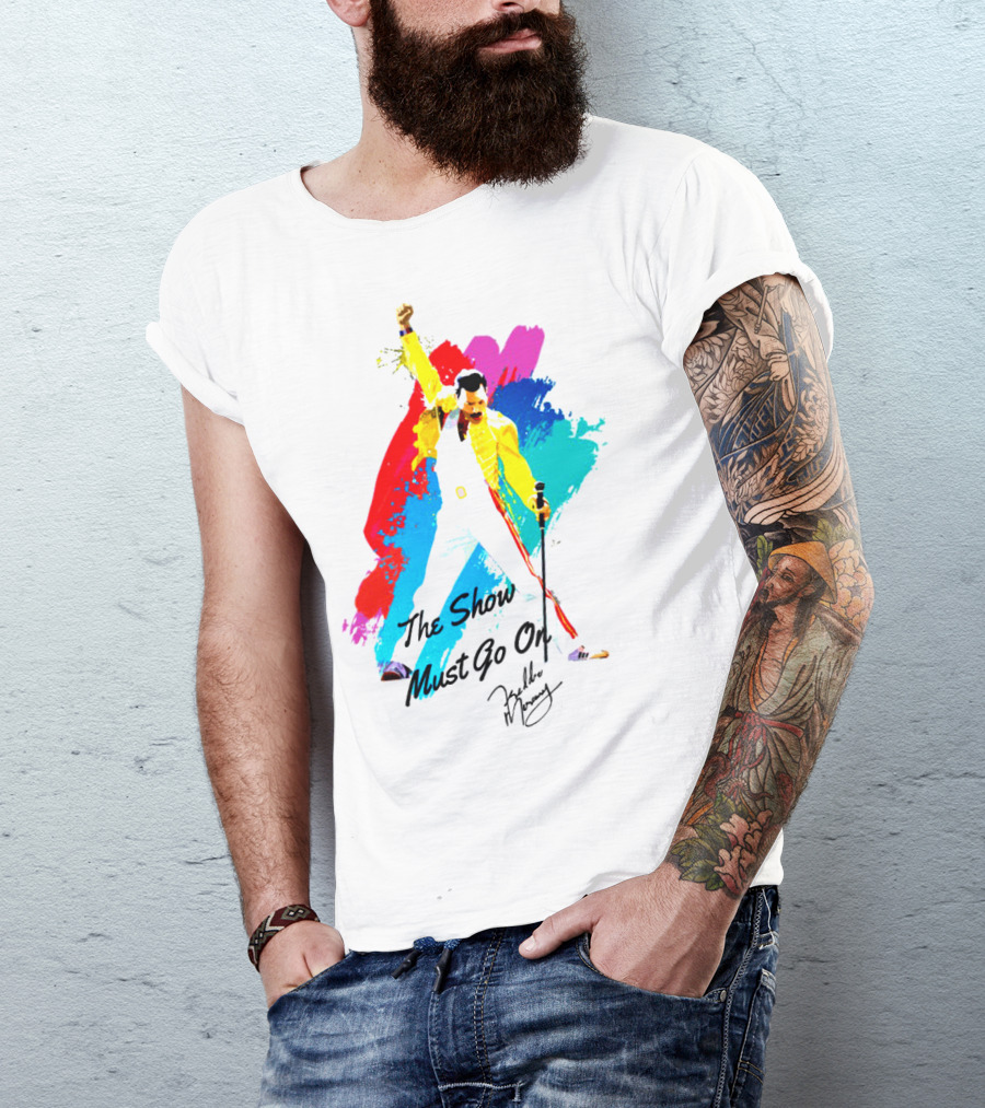 Queen The Show Must Go On Signature Artwork Colorful Freddie Mercury Image T-Shirt