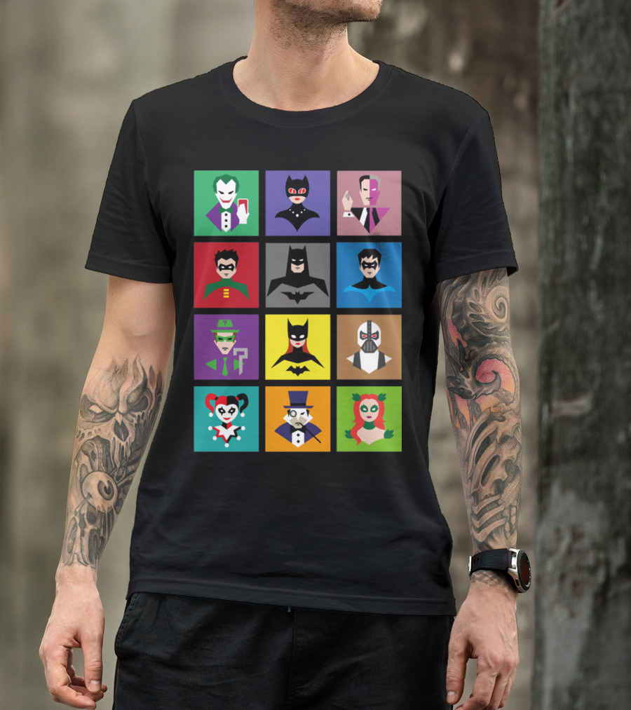 Batman Animated Villains Heroes Joker Catwoman Two-Face Robin Nightwing Riddler Batgirl Bane Harley Quinn Penguin Poison Ivy T-Shirt