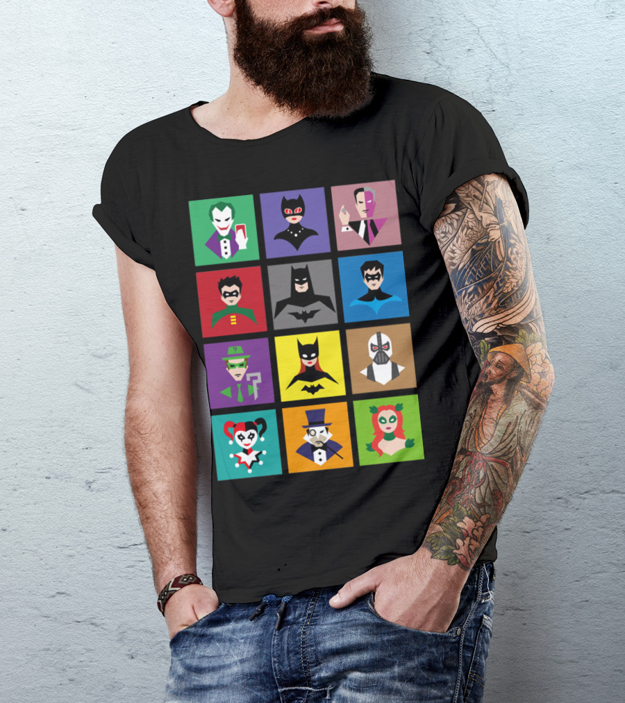 Batman Animated Villains Heroes Joker Catwoman Two-Face Robin Nightwing Riddler Batgirl Bane Harley Quinn Penguin Poison Ivy T-Shirt