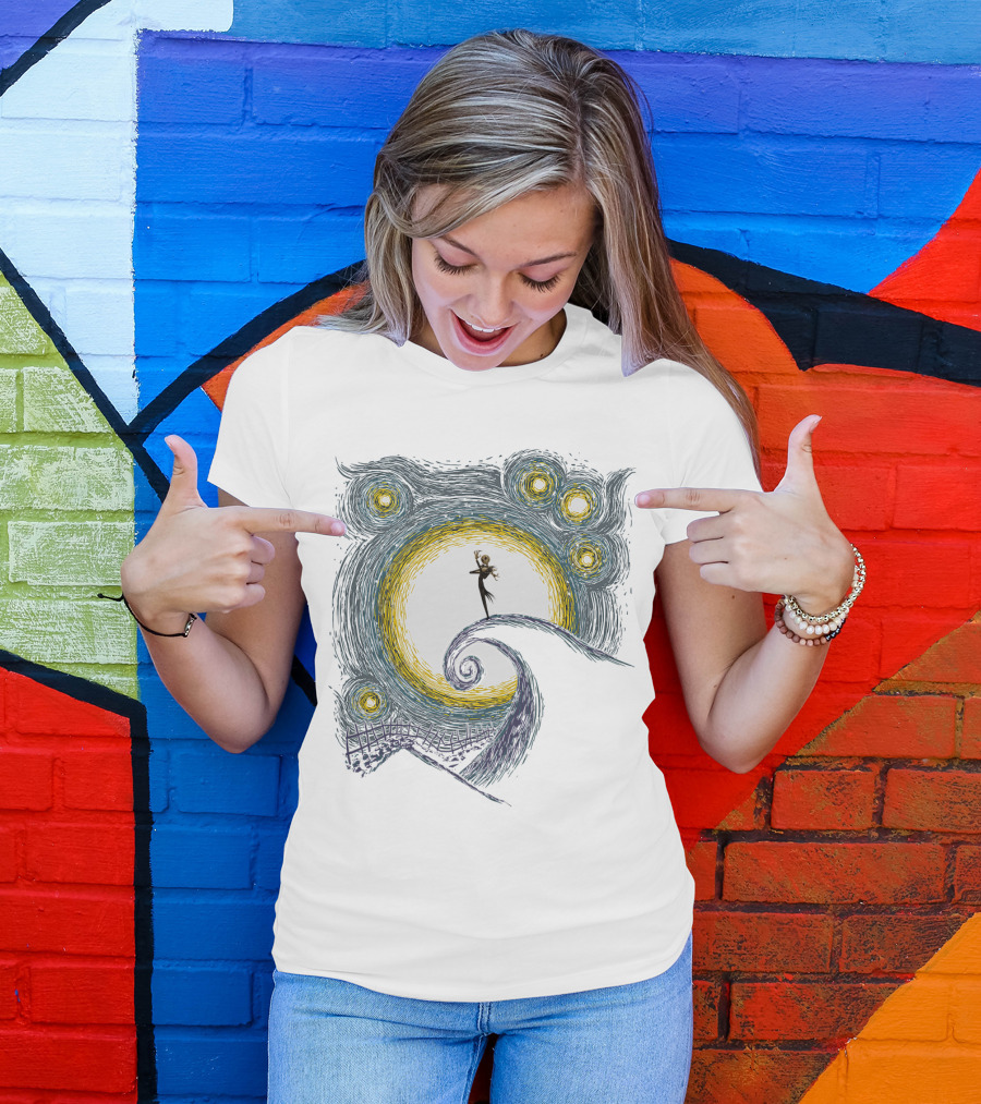 Jack Skellington On Curled Hill With Starry Night Inspired Background T-Shirt