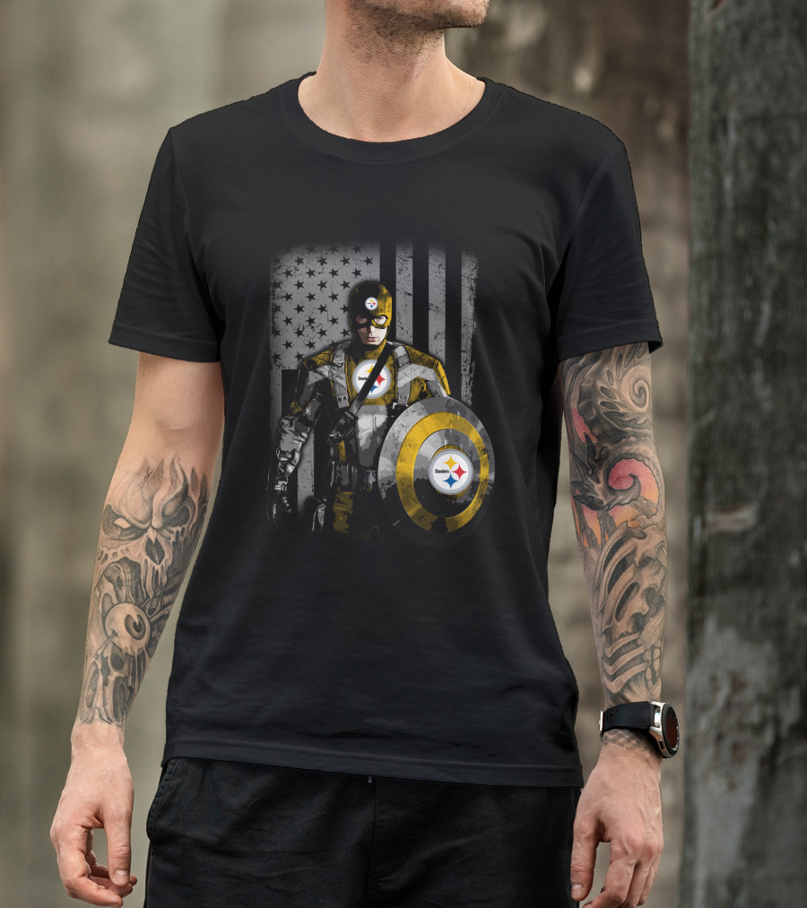 Pittsburgh Steelers Superhero Tribute With Shield And Stars T-Shirt