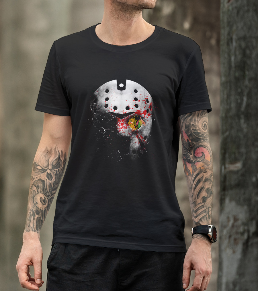 Chicago Blackhawks Jason Mask Blood Splatter Nhl Horror Crossover T-Shirt