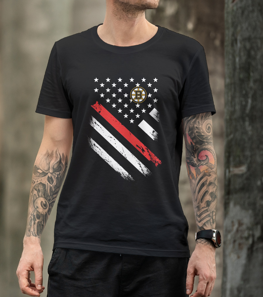 Boston Bruins American Flag Hockey Logo Stars Stripes T-Shirt