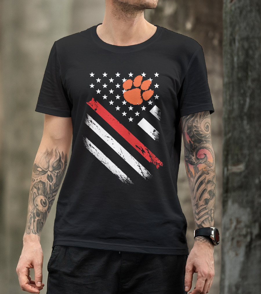 Clemson Tigers Football American Flag Paw Print Stars Stripes T-Shirt
