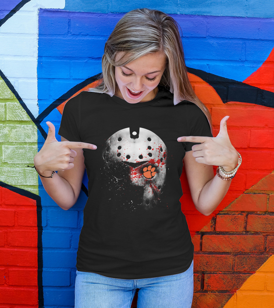 Clemson Tigers Football Jason Voorhees Mask With Paw Print And Blood Splatter T-Shirt