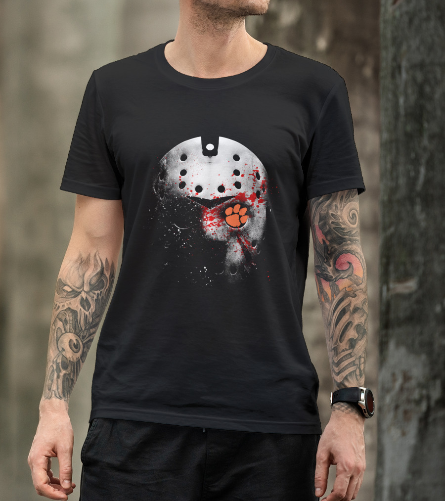 Clemson Tigers Football Jason Voorhees Mask With Paw Print And Blood Splatter T-Shirt