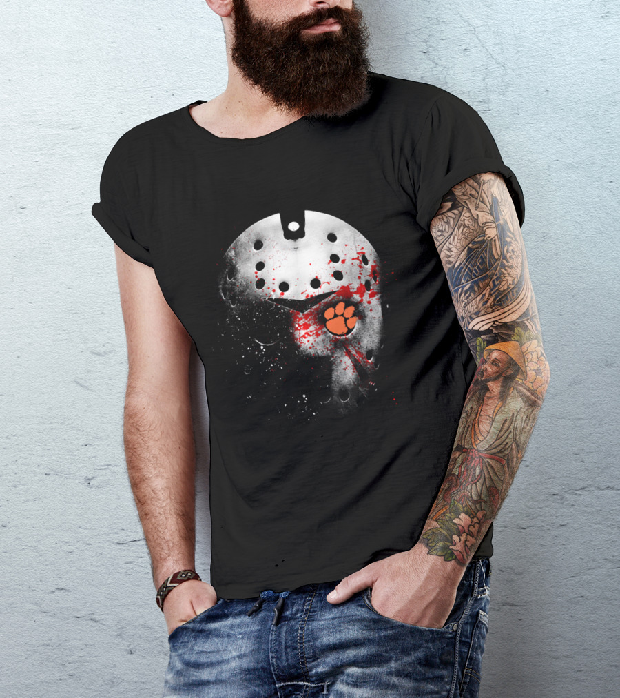 Clemson Tigers Football Jason Voorhees Mask With Paw Print And Blood Splatter T-Shirt