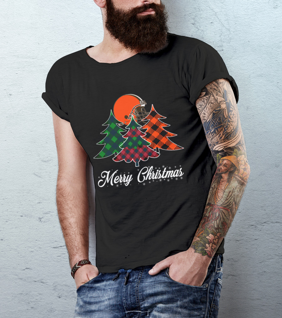 Merry Christmas Cleveland Browns Helmet And Plaid Trees T-Shirt