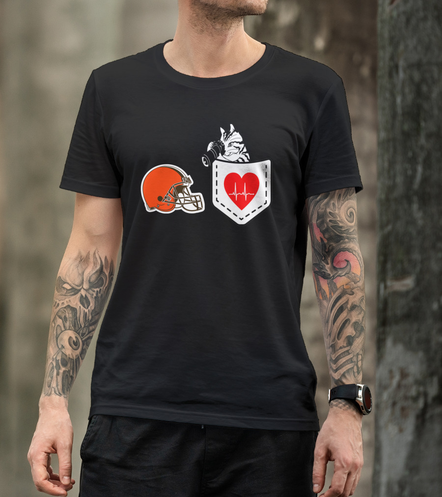 Cleveland Browns Helmet Zebra Heartbeat Pocket T-Shirt