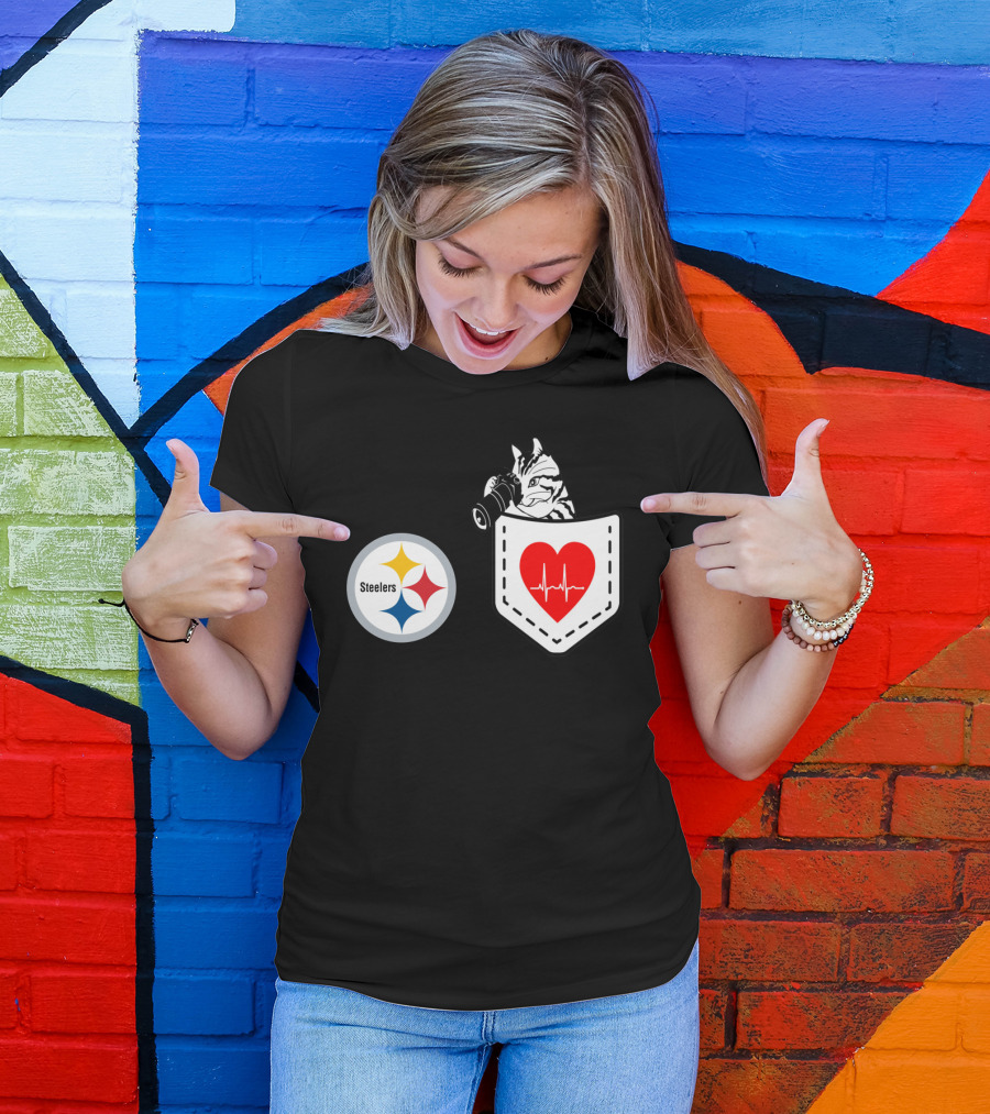 Pittsburgh Steelers Logo With Heartbeat Pocket Cat T-Shirt