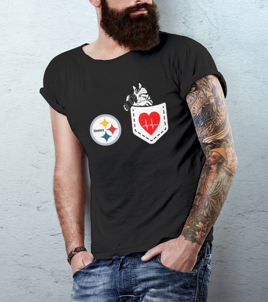 Pittsburgh Steelers Logo With Heartbeat Pocket Cat T-Shirt