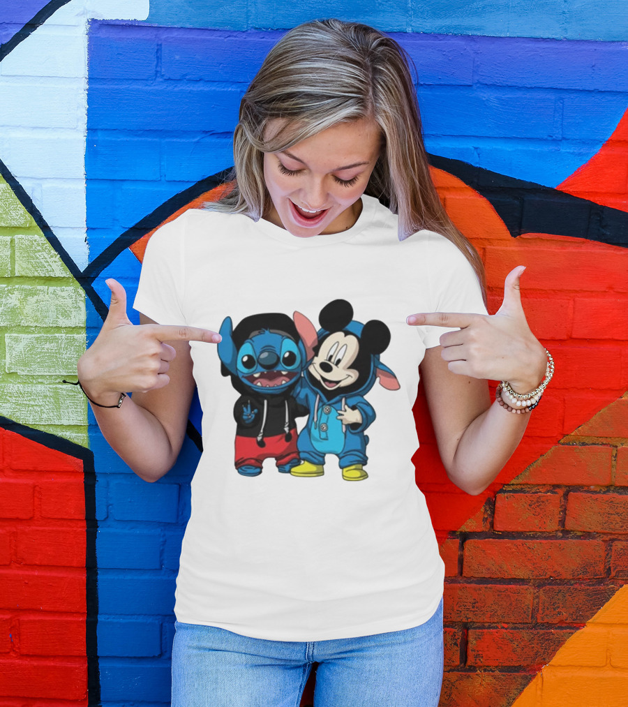 Mickey Mouse And Stitch In Hoodies T-Shirt