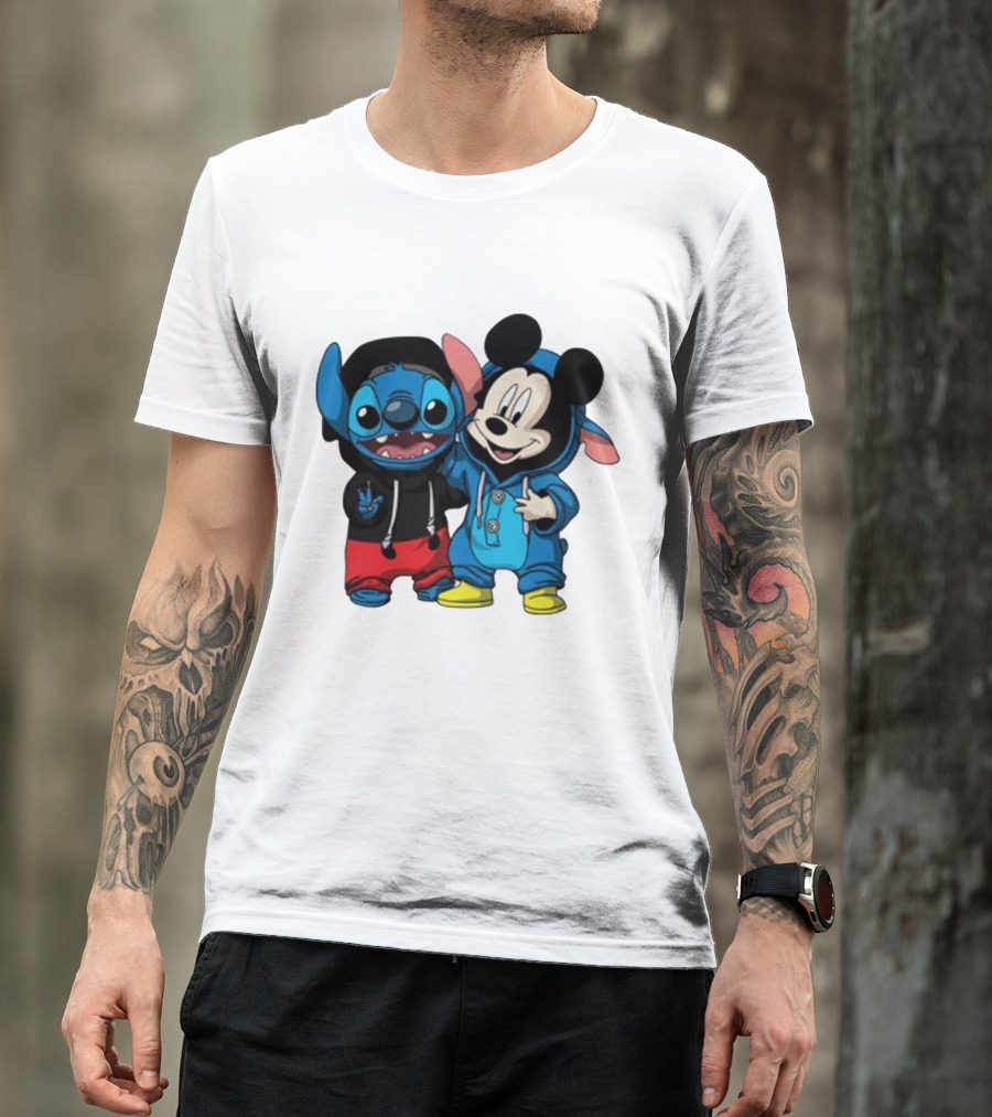 Mickey Mouse And Stitch In Hoodies T-Shirt