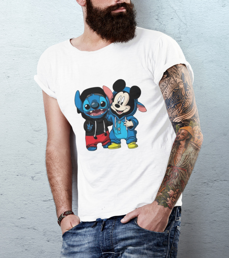 Mickey Mouse And Stitch In Hoodies T-Shirt