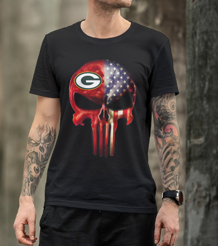 Green Bay Packers American Flag Skull T-Shirt