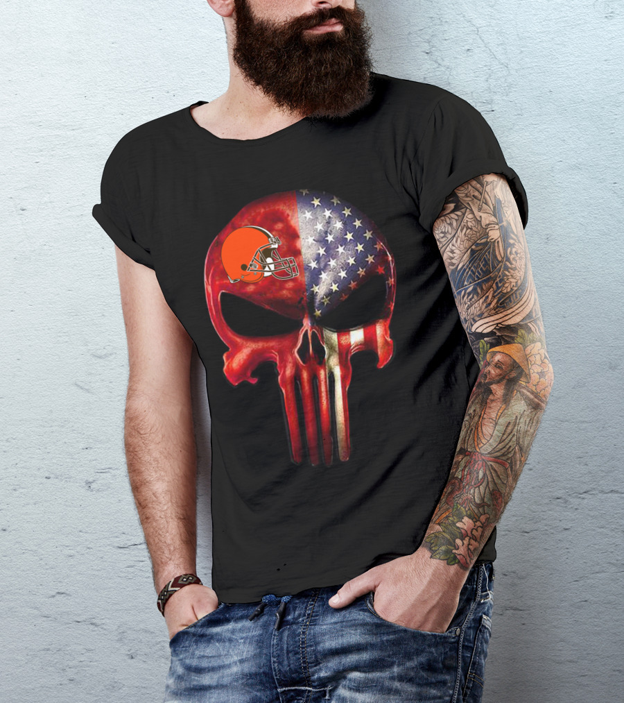 Cleveland Browns American Flag Skull For True Cleveland Fan Only T-Shirt