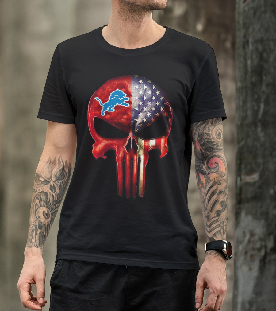 Patriotic Detroit Lions Punisher Skull T-Shirt