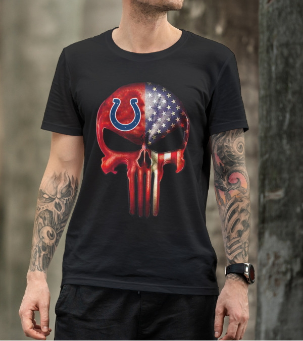 For True Indianapolis Fan Only Colts Punisher Skull American Flag T-Shirt