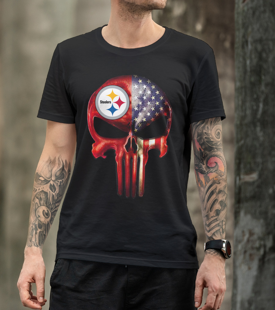 Steelers American Flag Skull For True Pittsburgh Fan Only T-Shirt