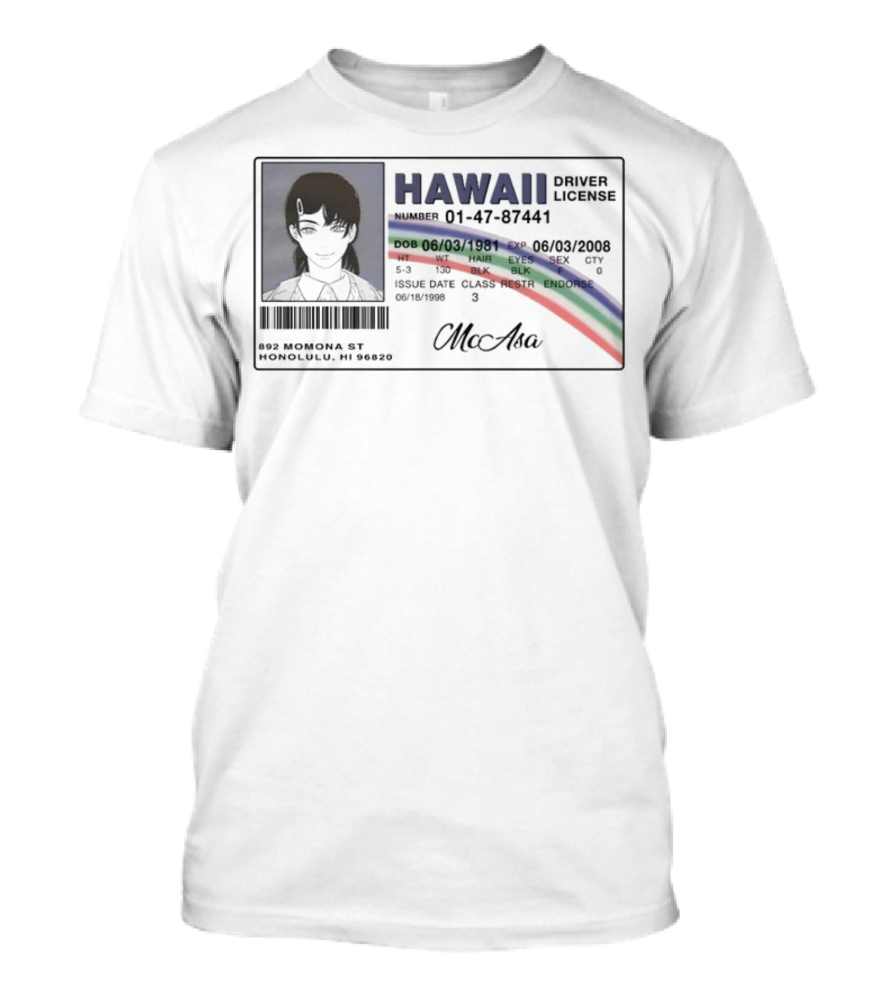 21sailors Mcasa Hawaii Driver License Rainbow Anime Character T-Shirt