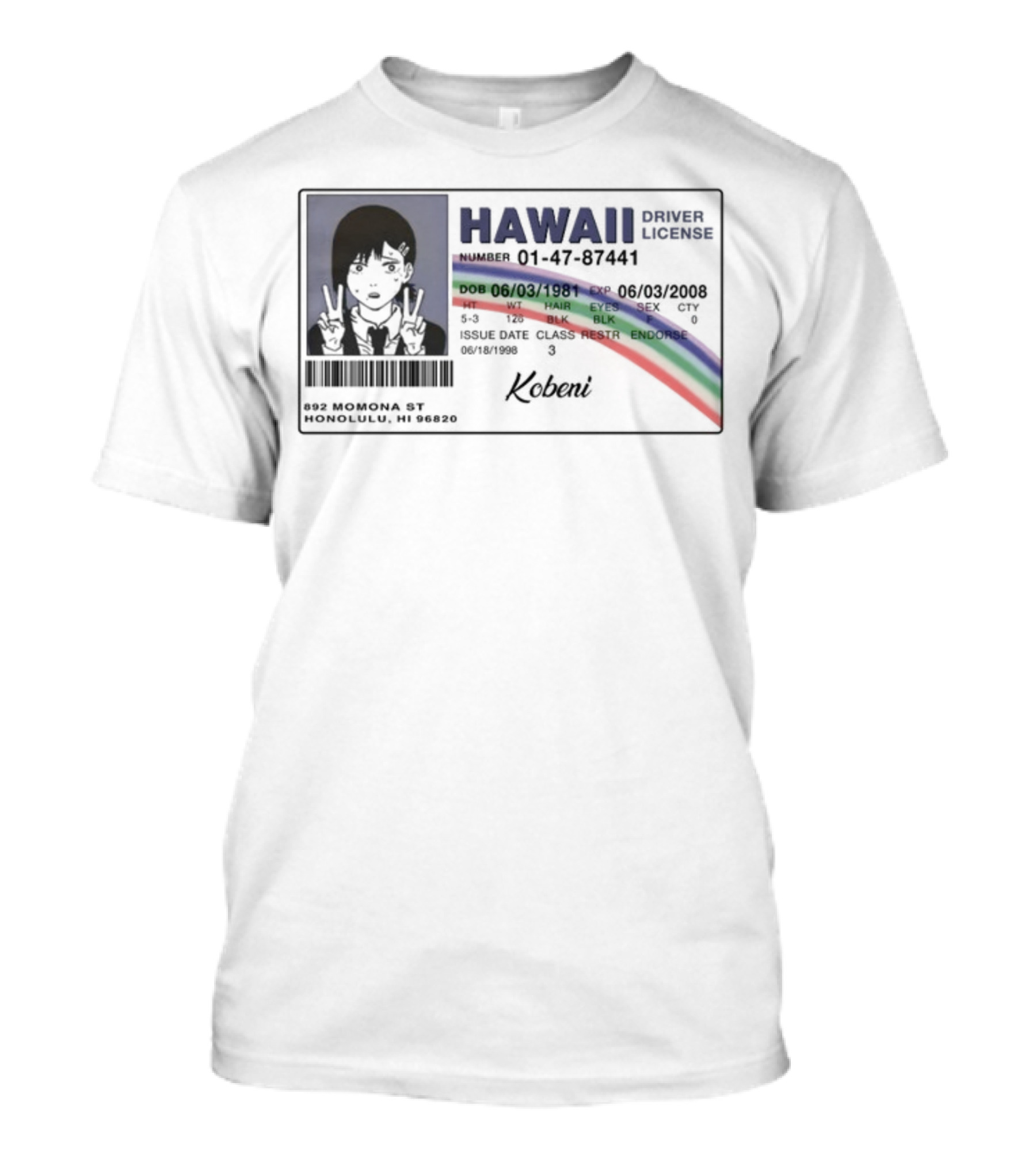 Hawaii Driver License Kobeni Illustrated Rainbow T-Shirt