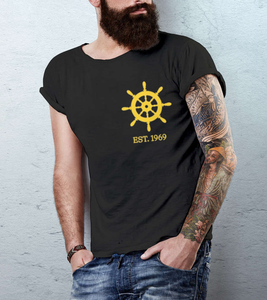 Benitez Sailing Est. 1969 Yellow Ship Wheel Emblem T-Shirt