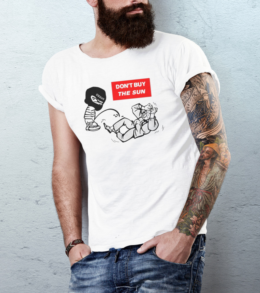 Don't Buy The Sun Graphic With Cartoon Character And Masked Figure Mocking Gesture T-Shirt