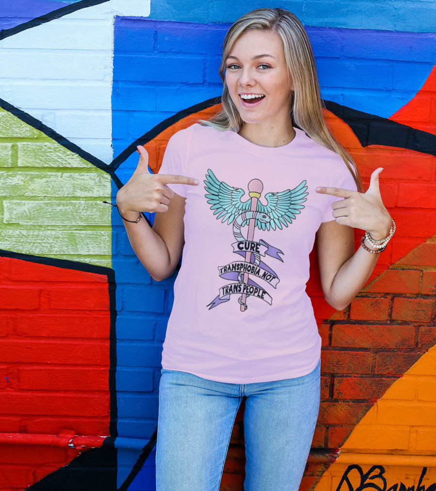 Abprallen Cure Transphobia Not Trans People Winged Caduceus With Pastel Colors T-Shirt