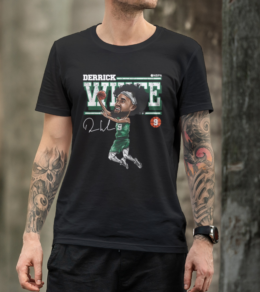 Derrick White NBPA Boston Basketball Cartoon Number 9 T-Shirt