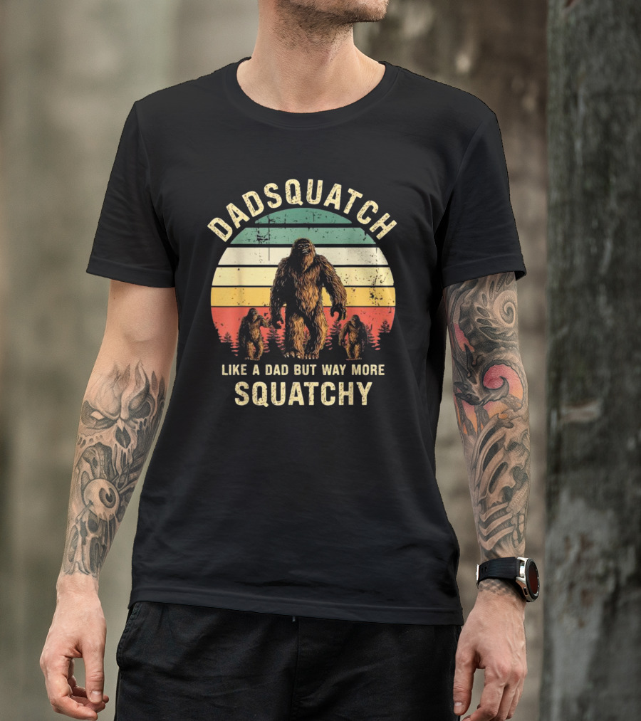 Dadsquatch Like A Dad But Way More Squatchy Vintage Bigfoot Forest Sunset T-Shirt